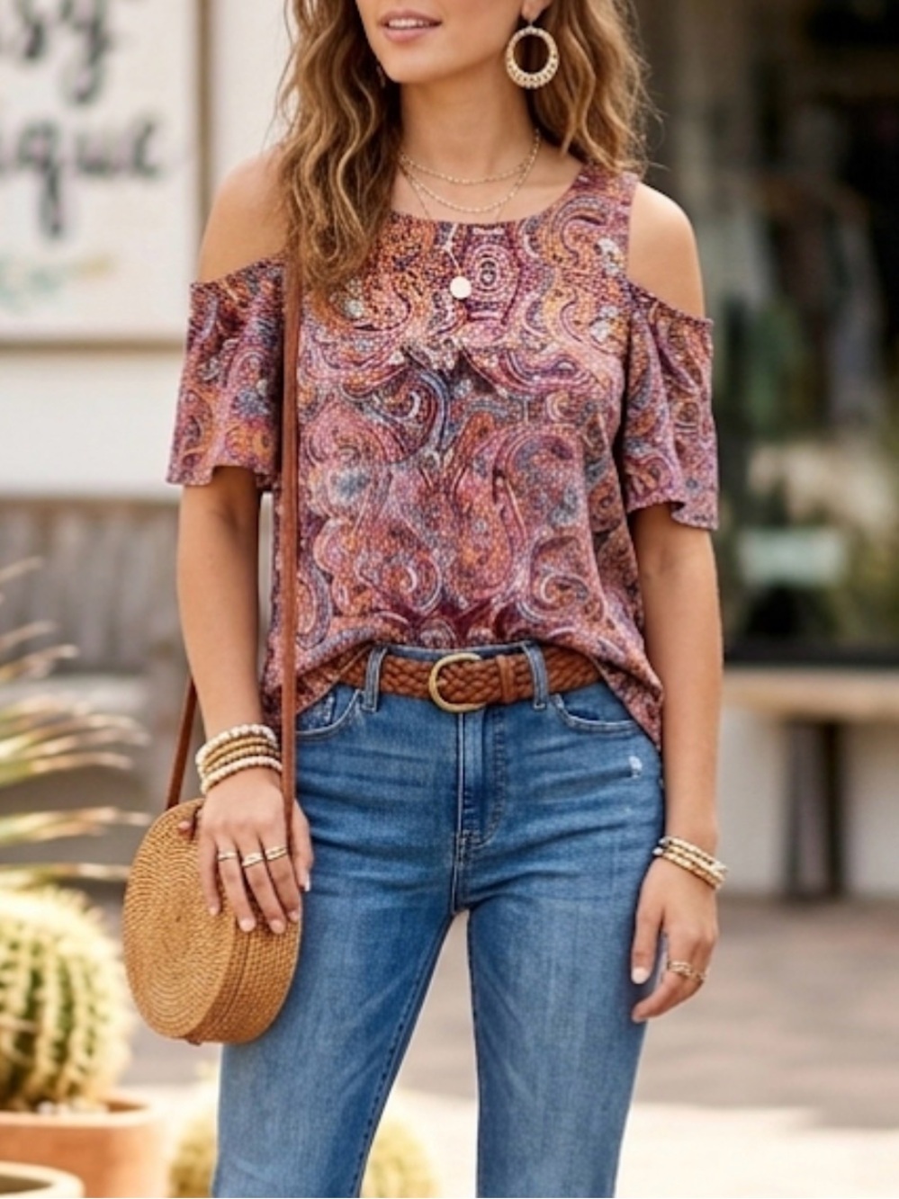 Cupio Boho Paisley Cold Shoulder Blouse Relaxed Fit Small Chic Eclectic